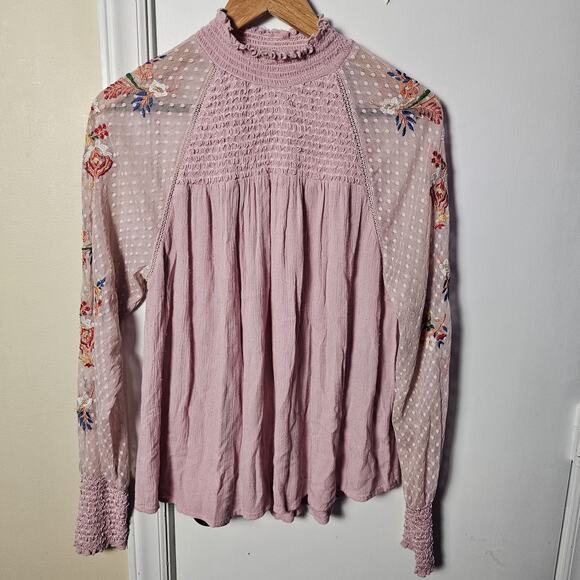 Banjara Pink Mock Neck Long Sleeve Embroidered Top Size L Boho Soft Girl Fairy - Picture 1 of 7